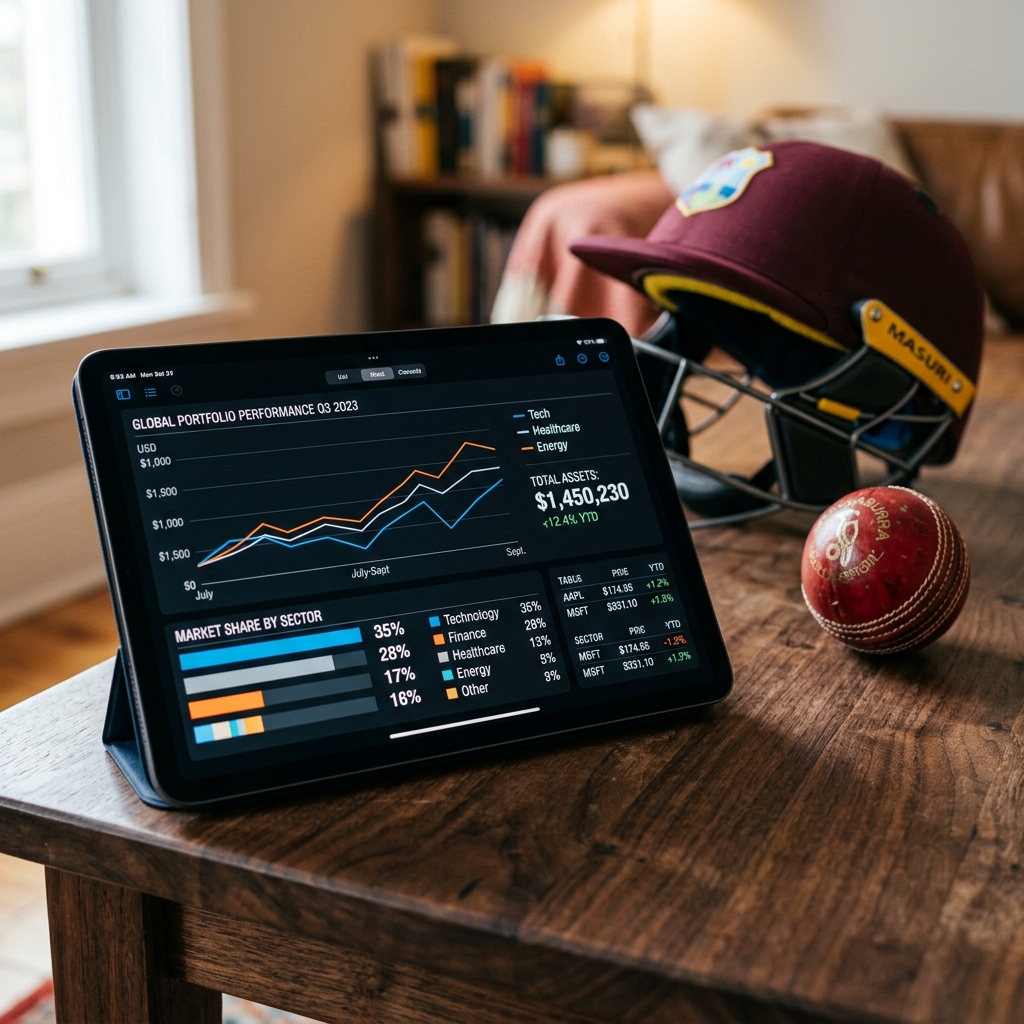 Digital tablet displaying financial charts next to a leather cricket ball representing a team budget calculator