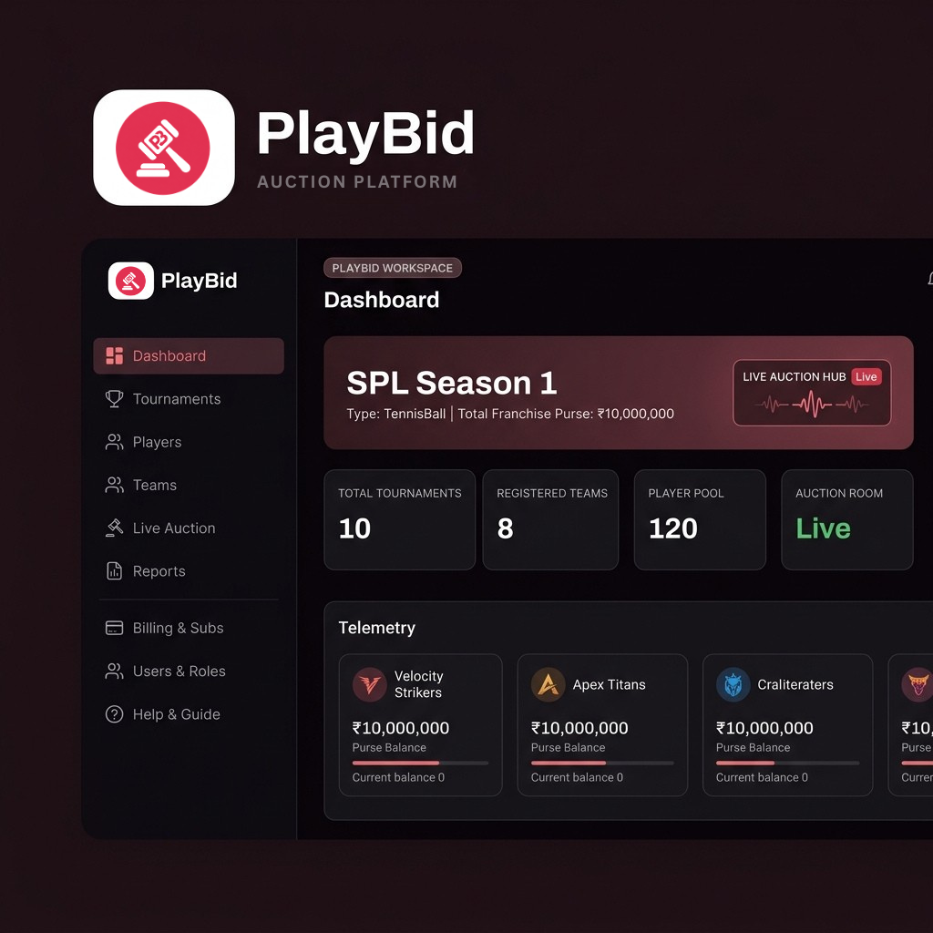 PlayBid Live Cricket Auction Dashboard Workspace